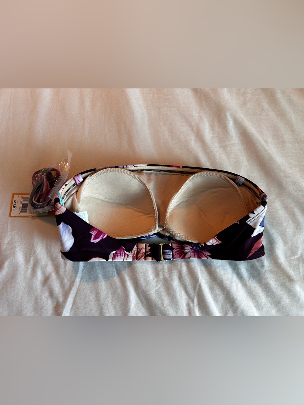 Kona Sol | Plum Floral Bandeau Bikini Top with Pink & White Flowers - Picture 3 of 5